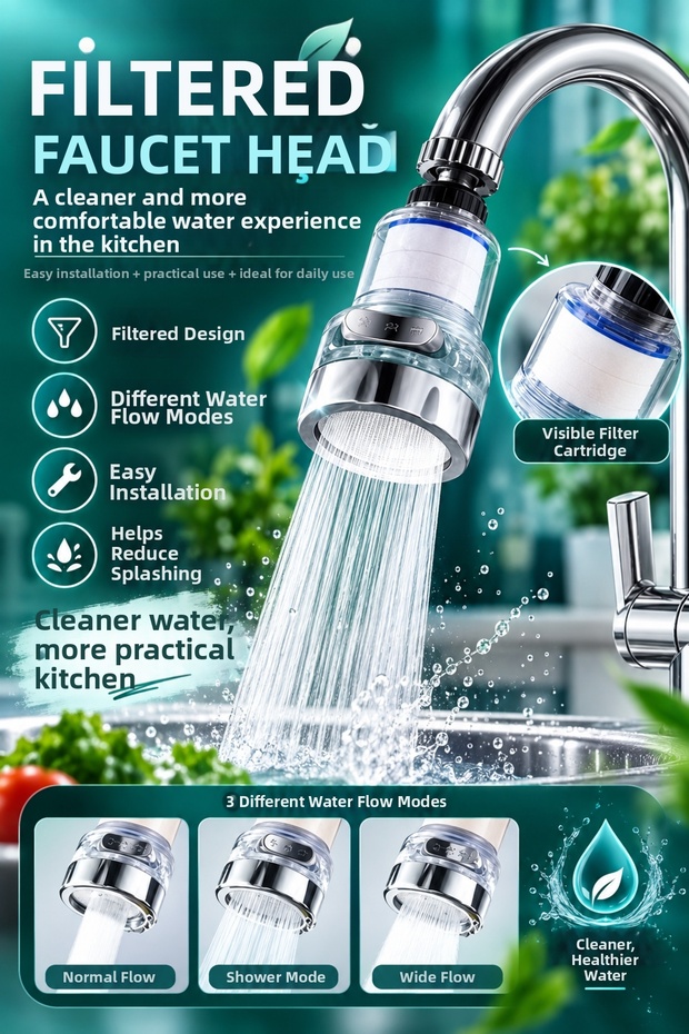 360 with 3-Function Filter ° Rotating Faucet Head, 5 Spare Filters, Movable Water-Saving Faucet Nozzle