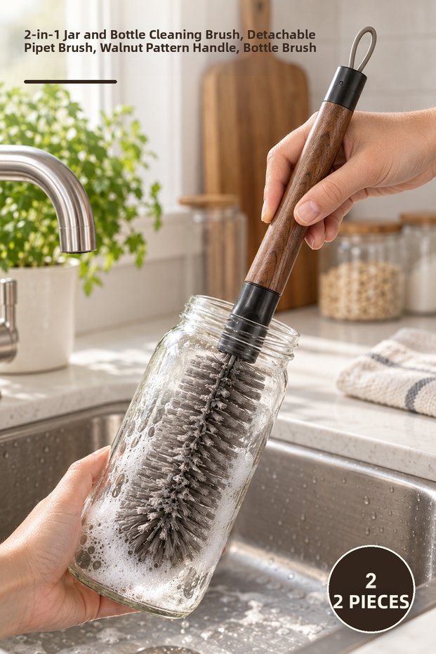 2 Pieces Jar Brush – 2-in-1 Jar and Bottle Cleaning Brush, Detachable Straw Brush, Walnut Patterned Handle, Bottle Brush