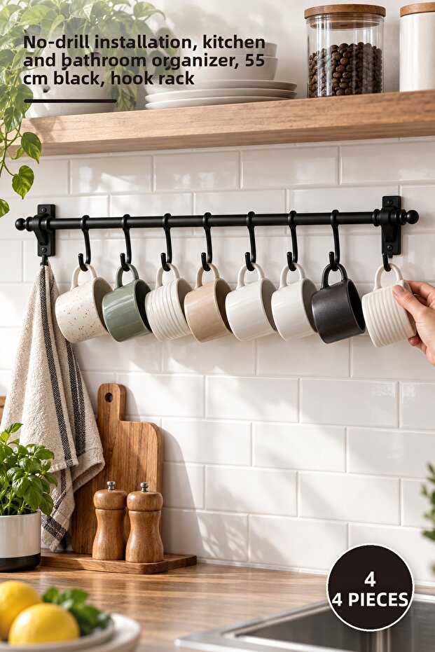 4 Pieces Adhesive 8-Hook Hanger Bracket – Screwless Installation, Kitchen and Bathroom Organizer, 55 cm Black, Hook Rack