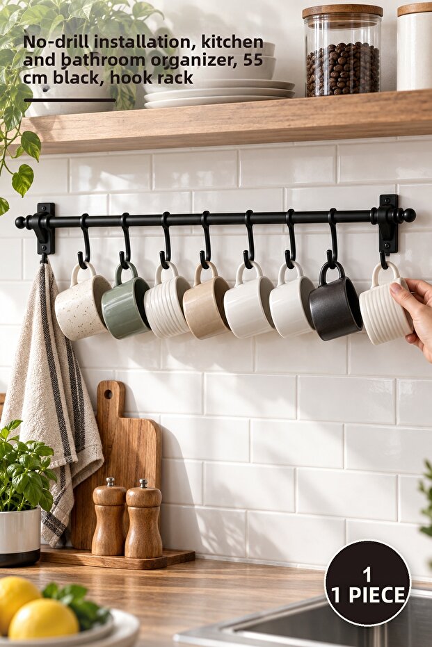 1 Piece Adhesive 8-Hook Hanger Bracket – Screwless Installation, Kitchen and Bathroom Organizer, 55 cm Black, Hook Rack
