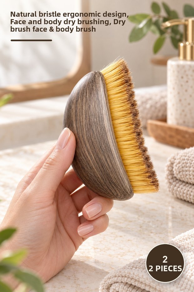 2 Pieces Lymphatic Drainage Massage Brush – Ergonomic Design with Natural Bristles, Dry Brushing for Face and Body, Dry Brush Face & Body Brush