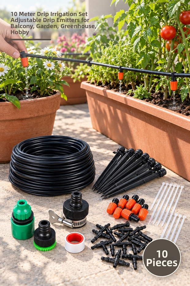 10 Pieces Garden Irrigation System – 10 Meter Drip Irrigation Set Adjustable Drippers Balcony Garden Greenhouse Hobby Drip Irrigation