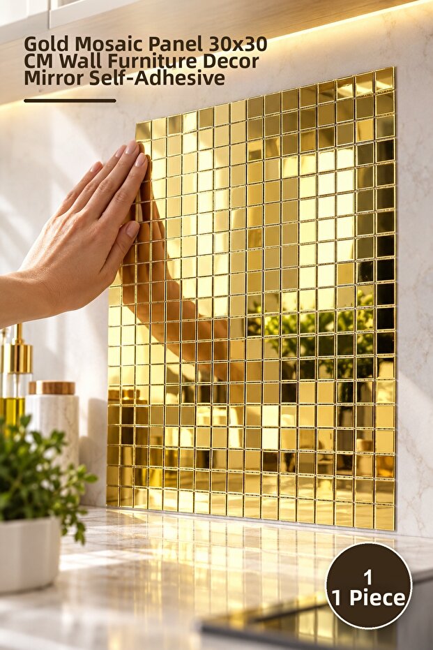 1 Piece Self-Adhesive Mirrored Square Sticker – Gold Mosaic Panel 30X30 cm Wall Furniture Decor Mirror Mirror Self-Adhesive