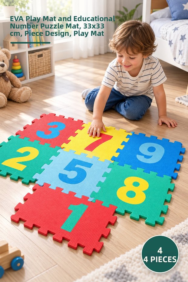 4 Pieces Number Puzzle Floor Mat – Eva Play Mat and Educational Number Puzzle Mat, 33X33 cm Segmented Design, Play Mat