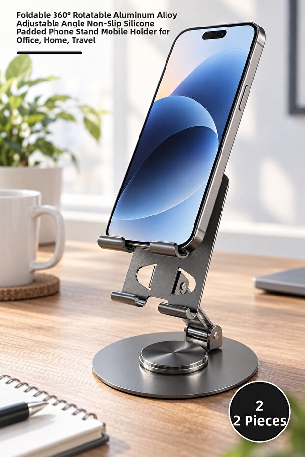 2 Pieces Desktop Metal Phone Holder – Foldable 360 ° Rotatable Aluminum Alloy Adjustable Angle Phone Stand with Non-Slip Silicone Pad Mobile Holder Office Home Travel
