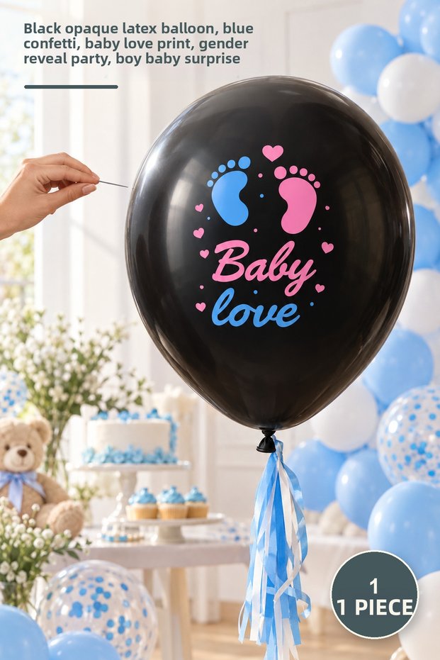 1 Piece Confetti Gender Balloon – Black Opaque Latex Balloon, Blue Confetti, Baby Love Print, Gender Reveal Party, Baby Boy Surprise