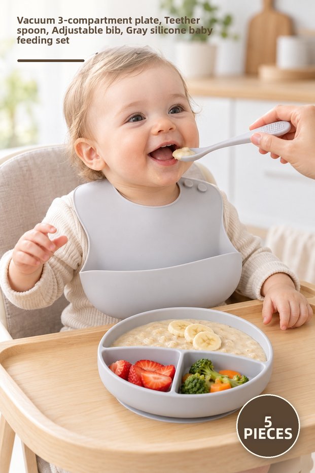 5-Piece Silicone Baby Feeding Set – Vacuumed 3-Compartment Plate, Teether Spoon, Adjustable Bib, Gray Silicone Baby Feeding Set