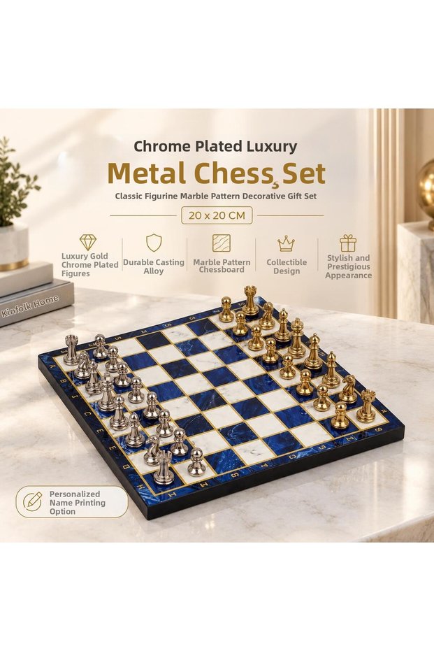 Luxury Metal Chess Set with Chrome Figures 20 X 20 cm Blue Marble Pattern Decorative Special Gift Set