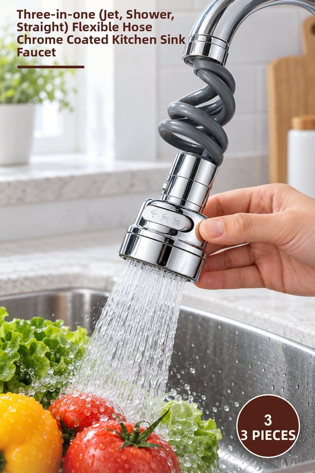 3-Piece Faucet Head with Extendable Hose – Three Functions (Jet, Shower, Flat) Flexible Hose Chrome-Plated Kitchen Sink Faucet Tap
