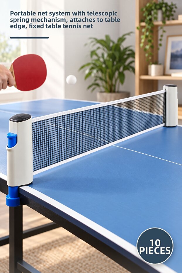 10 Pieces of Retractable Table Tennis Net – Portable Net System with Telescopic Spring Mechanism, Fixed to the Edge of the Table, Table Tennis Net
