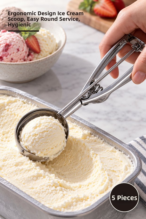 5 Pieces of Steel Ice Cream Spoons – Ergonomic Design Serving Spoon Ice Cream Spoon Easy Round Serving Hygienic