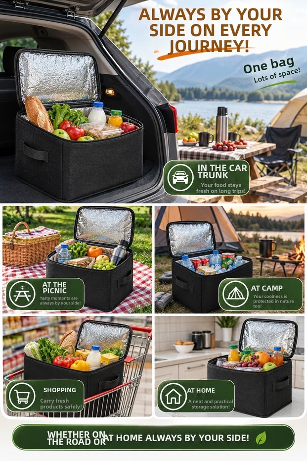 32 L Black Thermal Bag 37X27X25 cm Heat Preserving Foldable Car Trunk Organizer