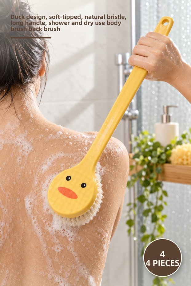4 Pieces Body Scrub Brush – Duck Design Soft Tip Natural Bristles, Long Handle Shower and Dry Use Body Brush Back Brush