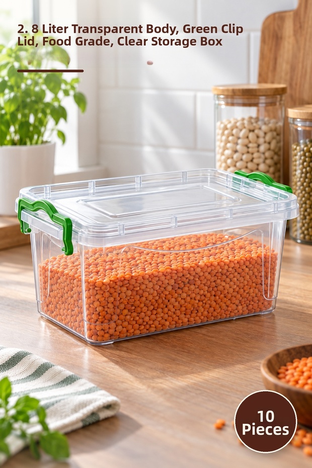 10 Pieces Transparent Storage Box – 2.8 Liter Transparent Body, Green Clip-On Lid, Food-Safe, Clear Storage Box