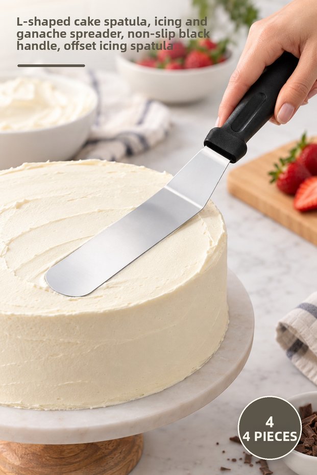 4 Pieces Stainless Steel L-Type Pastry Spatulas – L-Type Cake Spatula, for Basting and Ganache Spreading, Non-Slip Black Handle, Offset Icing Spatula
