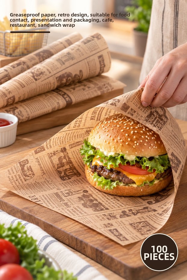 100 Pieces of Vintage Newspaper Patterned Presentation Paper – Greaseproof Paper, Retro Design, Suitable for Food Contact, Presentation and Packaging, Cafe Restaurant, Sandwich Wrap Greaseproof Paper