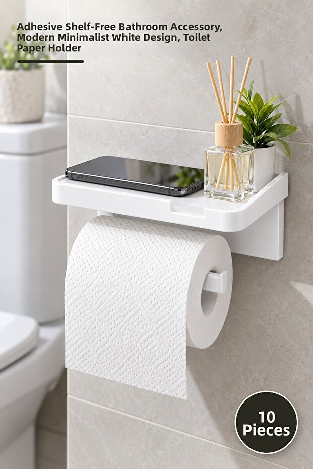 10 Pieces Toilet Paper Hanger – Adhesive No-Drill Bathroom Accessory with Shelf, Modern Minimalist White Design, Toilet Paper Holder