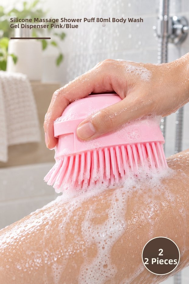 2-Piece Bath Scrubber with Reservoir – Silicone Massage Shower Scrubber 80ml Body Wash Gel Dispenser with Reservoir Pink/Blue Shower Pouf