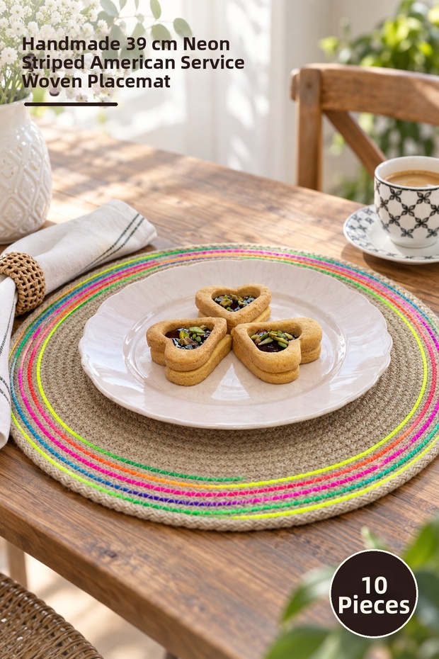 10 Pieces of Jute Knitted Placemats – Handmade 39 cm American Style Knitted Placemat with Neon Stripes Table Mat
