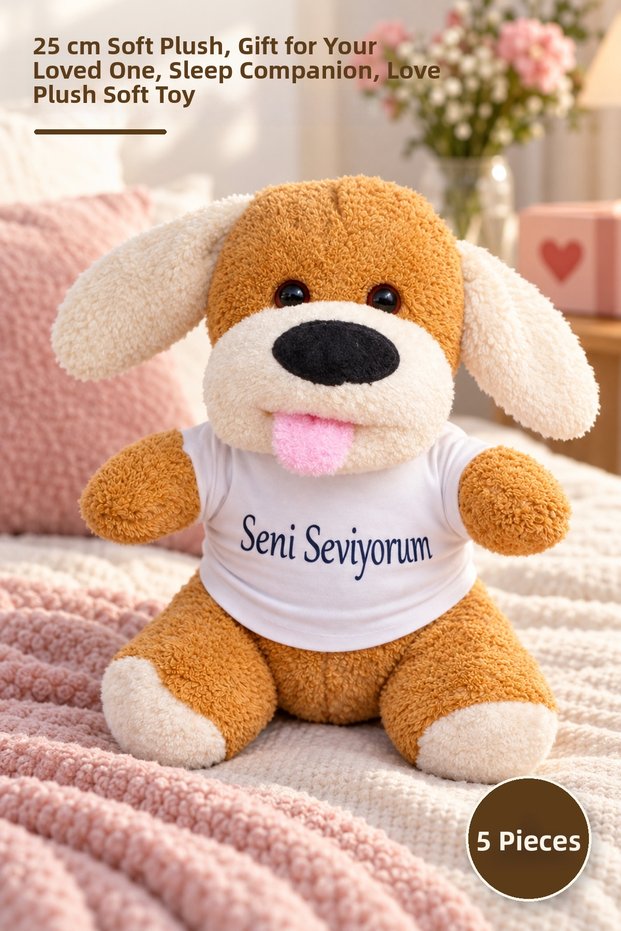 5 Pieces I Love You T-Shirted Cute Plush Dog - 25 cm Soft Plush, Gift for Lover, Sleeping Companion, Love Plush Soft Toy