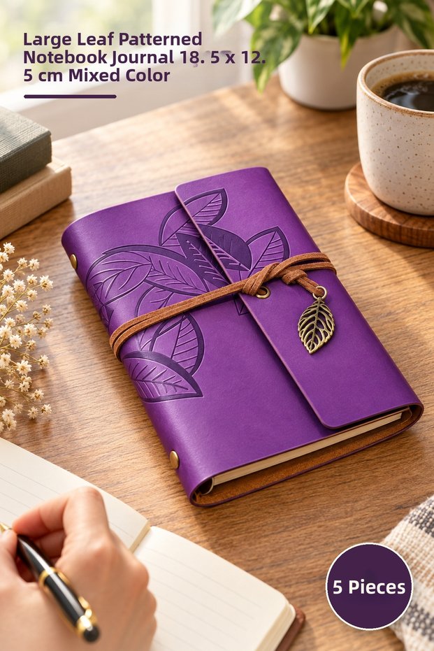 5 Leaf Motif Diary Notebooks – Large Size 18.5 X 12.5 cm Mixed Color Journal Notebook with Leaf Pattern