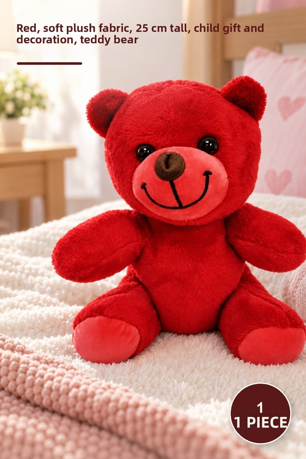 1 Piece Plush Teddy Bear - Red, Soft Plush Fabric, 25 cm Tall, Children's Gift and Decoration, Teddy Bear