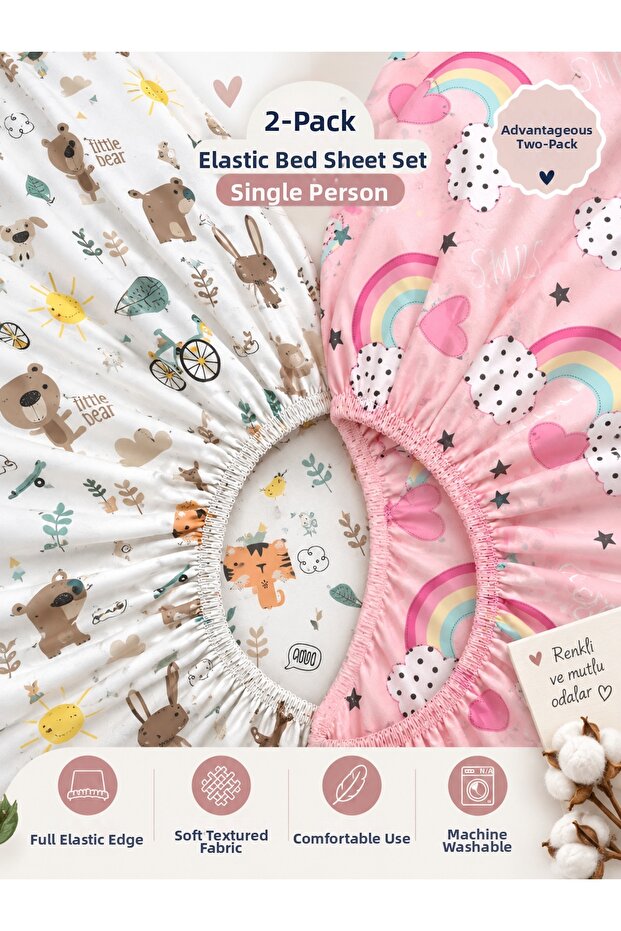 Economical twin size fitted sheet set for kids, 100x200 cm, 2 fitted sheets + 2 pillowcases
