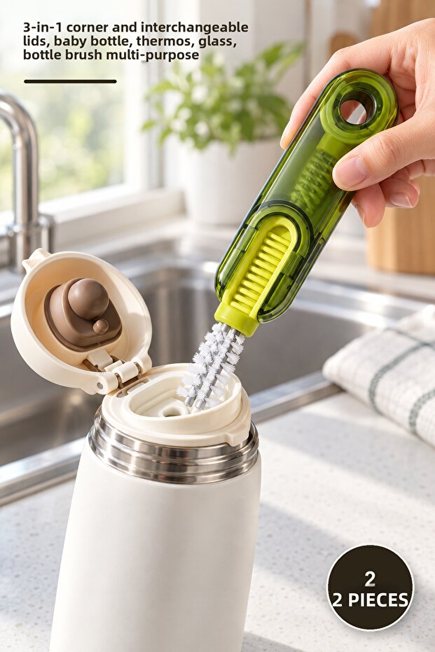 2 Multi-Purpose Cleaning Brushes – 3-Function Corner and Interchangeable Heads, Baby Bottle Thermos Cup Bottle Brush Multi-Purpose