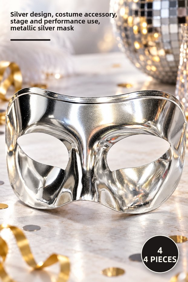 4 Pieces of Metallic Shiny Party Mask 16X7 cm – Silver Design, Costume Accessory, Stage and Show Use, Metallic Silver Mask
