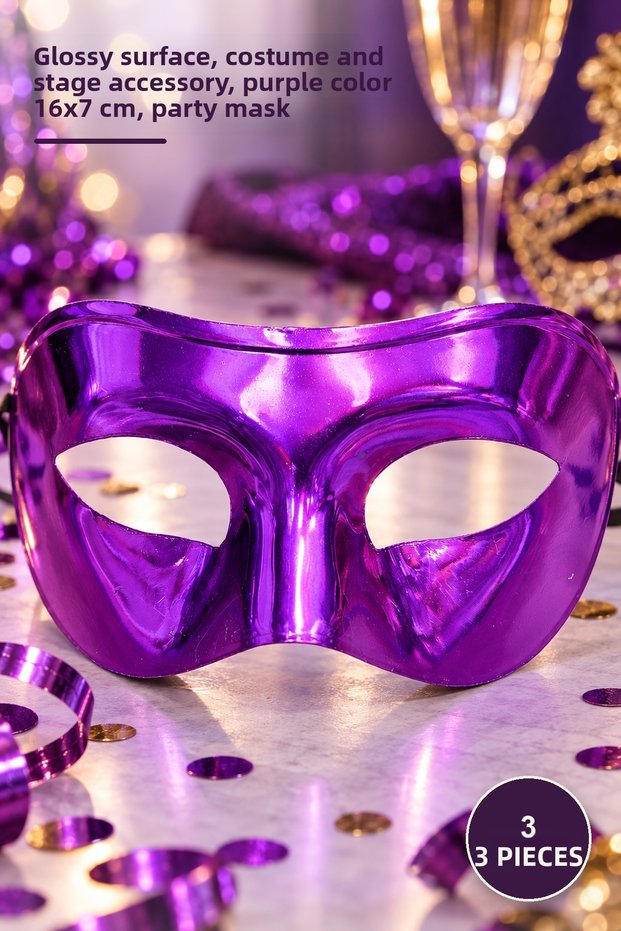 3 Pieces of Metalized Shiny Party Mask – Shiny Surface, Costume and Stage Accessory, Purple Color 16X7 Cm, Party Mask
