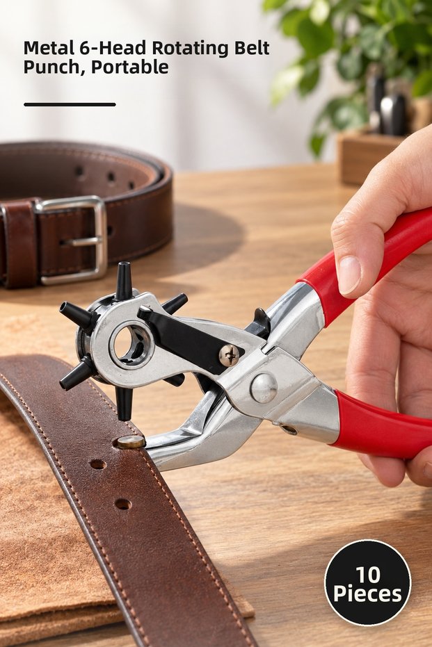 10 Pieces Belt Hole Punch Pliers – Metal 6-Head Rotating Belt Punch, Portable Belt Hole Punch