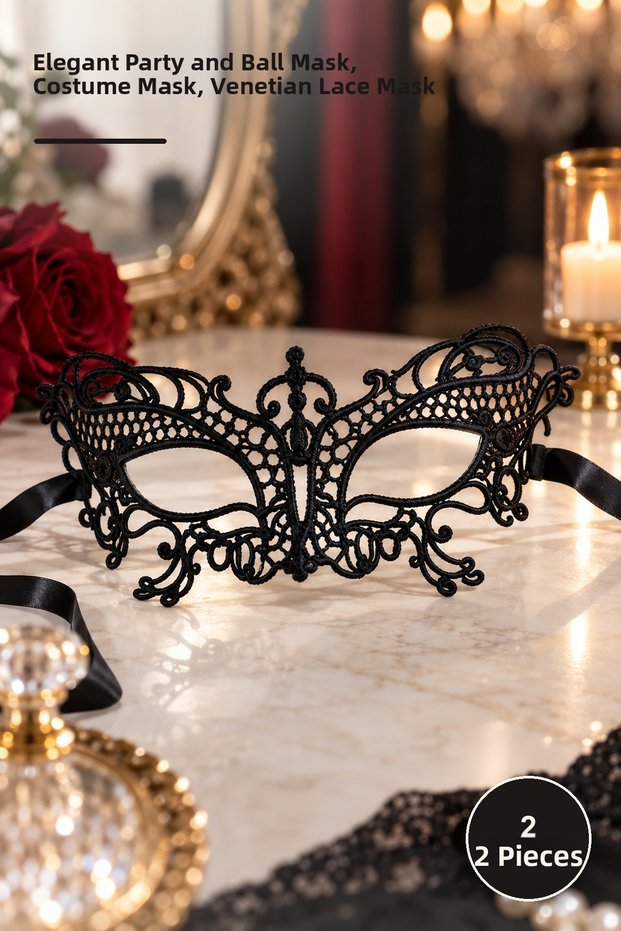 2 Pieces Black Lace Venetian Mask – Elegant Party and Ball Mask, Costume Mask, Venetian Lace Mask