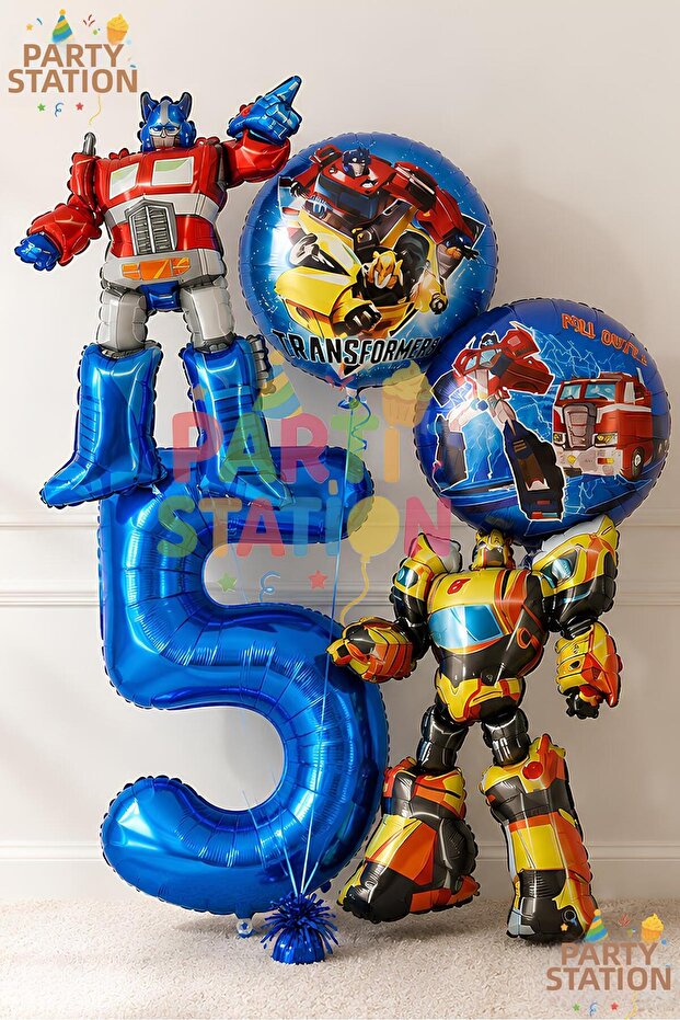 Transformers Bumblebee & Optimus Prime Balloon Set 5 Years Old - 5 Piece Birthday Balloon Set