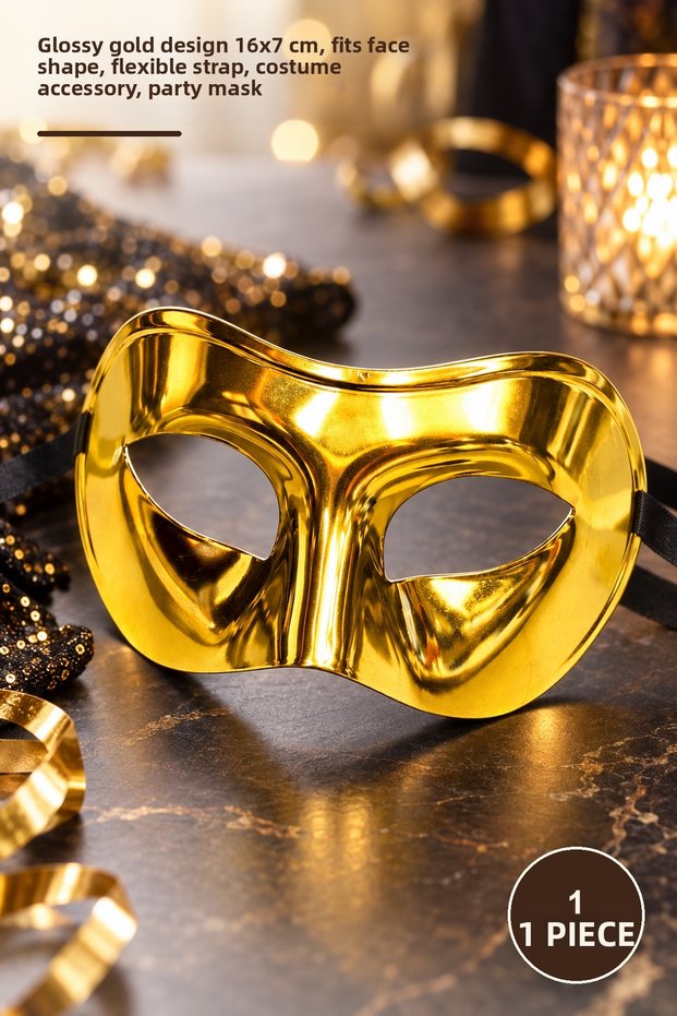 1 Piece of Metalized Party Mask – Shiny Gold Design 16X7 Cm, Adapts to the Face Shape, Flexible Binding, Costume Accessory, Party Mask
