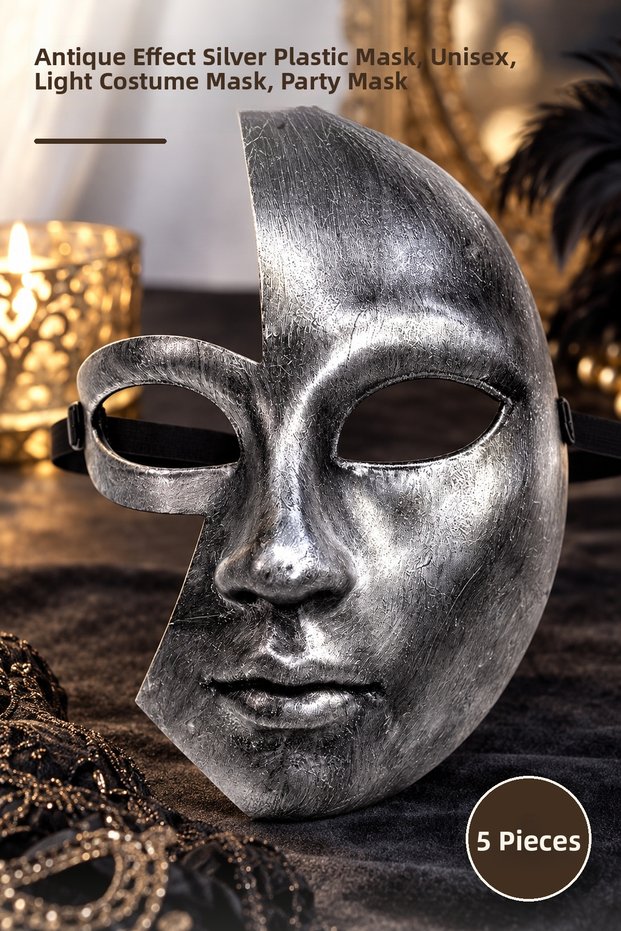 5 Pieces Half Face Party Mask – Silver Plastic Mask with Antique Effect, Unisex, Lightweight Costume Mask, Party Mask