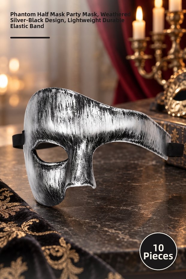 10Pcs Antique Tumbled Silver Men's Half Mask – Phantom Half Mask Prom Mask, Tumbled Silver-Black Design, Lightweight Durable Elastic Band