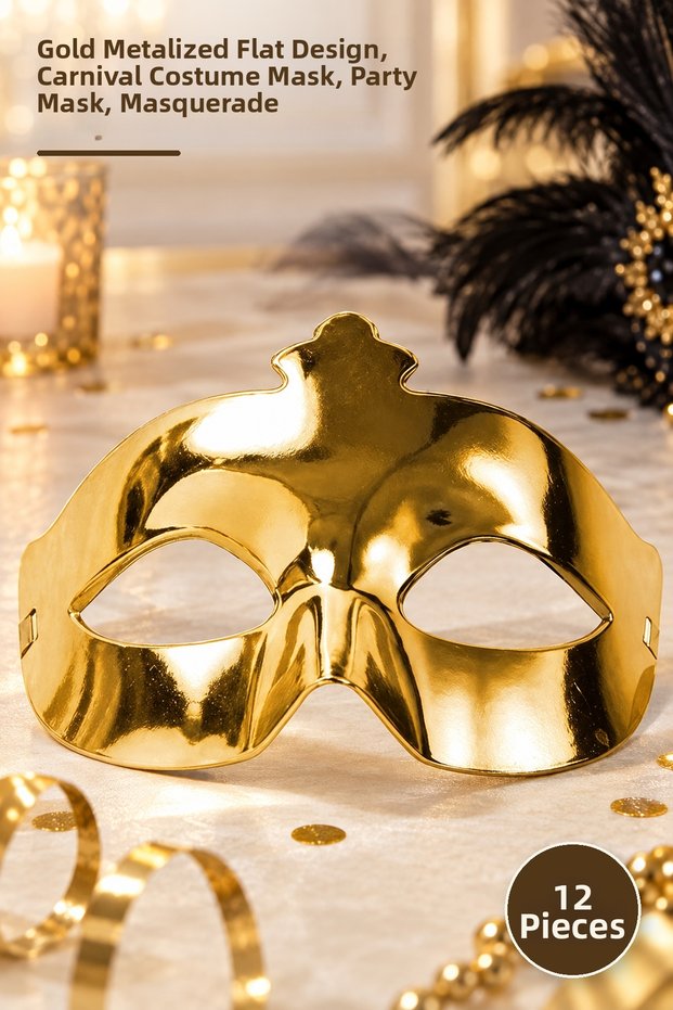 12 Pieces of Prom Party Masks – Gold Metallized Plain Design, Carnival Costume Mask, Party Mask, Masquerade