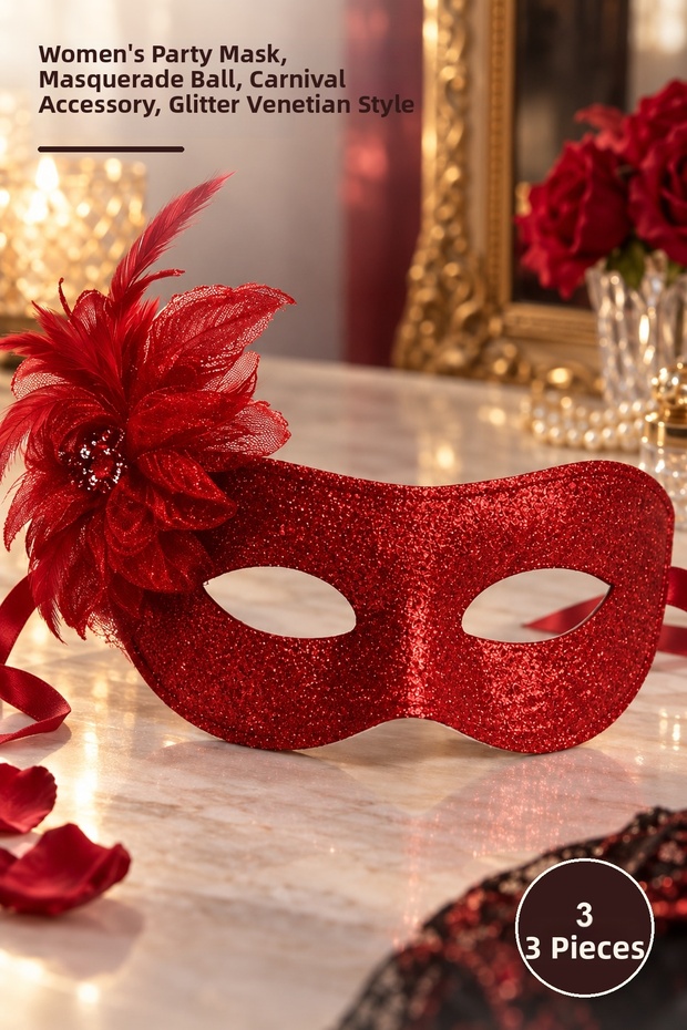 3 Pcs Red Glittery Feathered Prom Mask – Women's Party Mask, Masquerade, Henna Night Accessory, Glitter Venetian Style