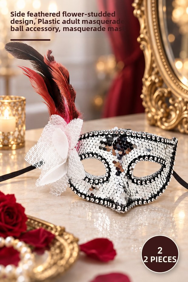 2 Pieces Silver Sequin Mask – Design with Side Feathers and Stones, Plastic Adult Masquerade Accessory, Masquerade Mask