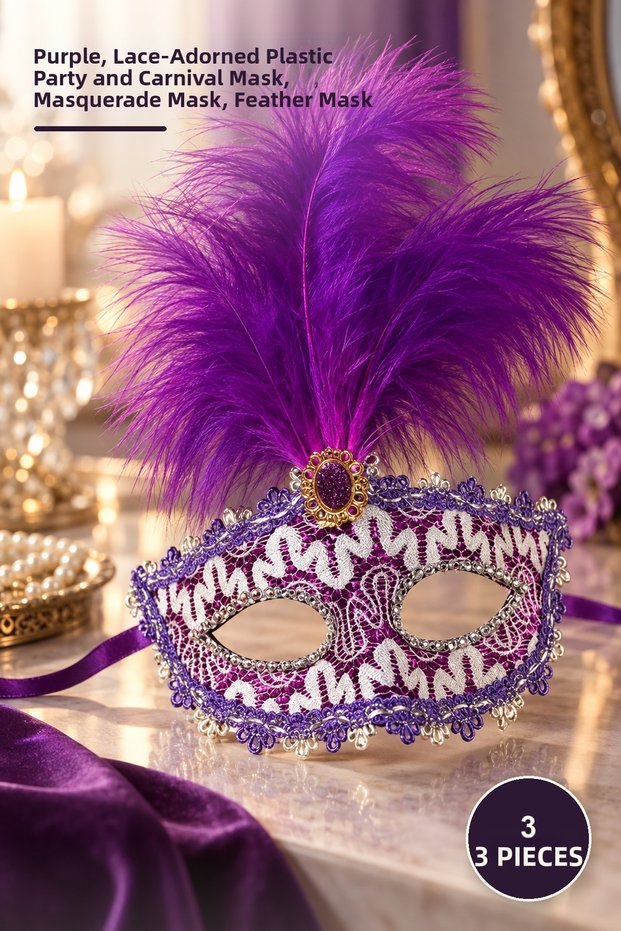 3 Pieces of Lace Embroidered Feathered Prom Mask – Purple Color, Lace Covered Plastic, Party and Carnival Mask, Masquerade Mask, Feather Mask