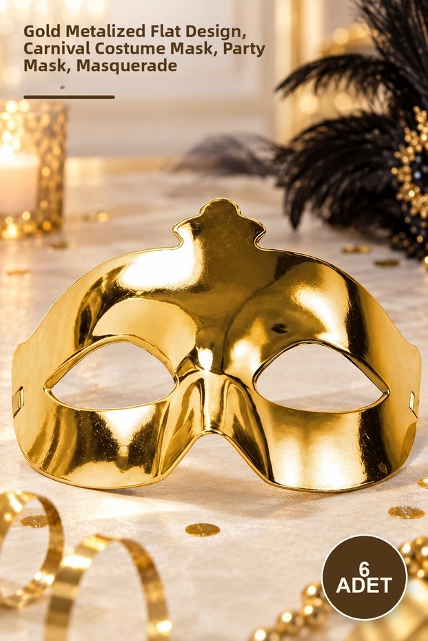 6 Pieces of Prom Party Masks – Gold Metallized Plain Design, Carnival Costume Mask, Party Mask, Masquerade
