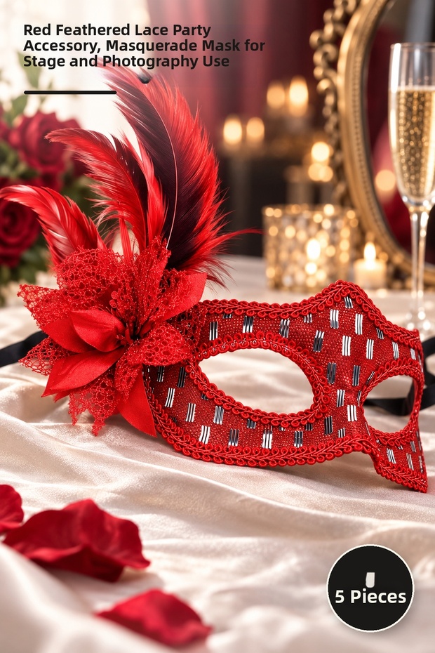 5 Pieces of Prom Masks – Red Feathered Lace Party Accessory with Stones, Masquerade Mask, Stage and Photography Use