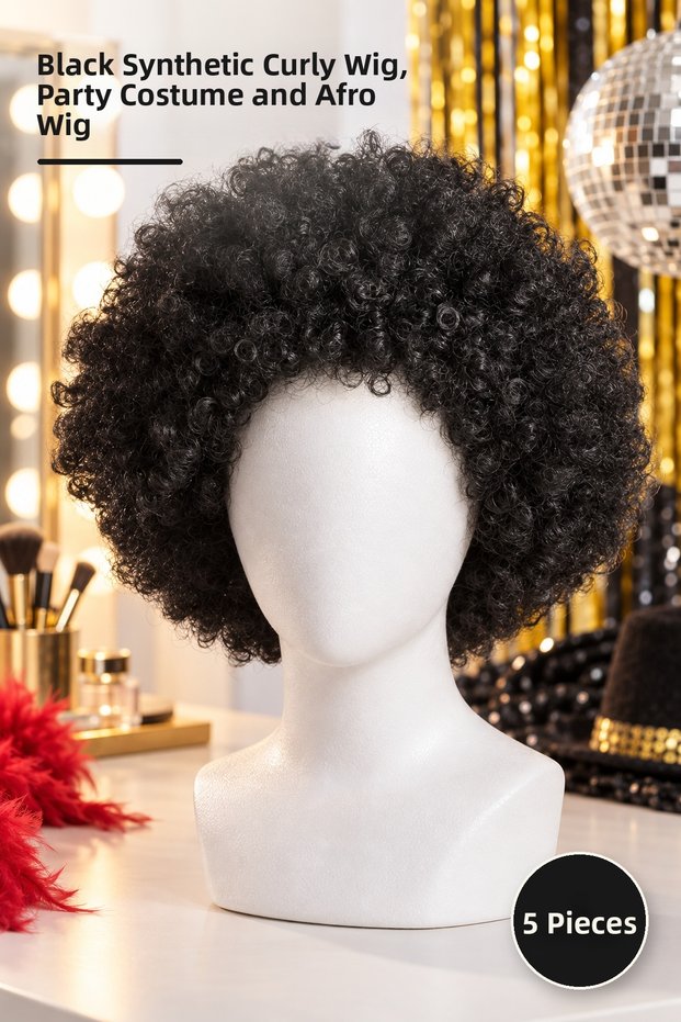 5 curly afro wigs - black synthetic lined fluffy hairpiece, party costume and afro wig