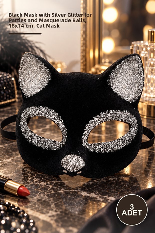 3 Pieces Suede Coated Cat Mask – Black Color Silver Glitter Party and Masquerade Mask, 18X14 Cm, Cat Mask
