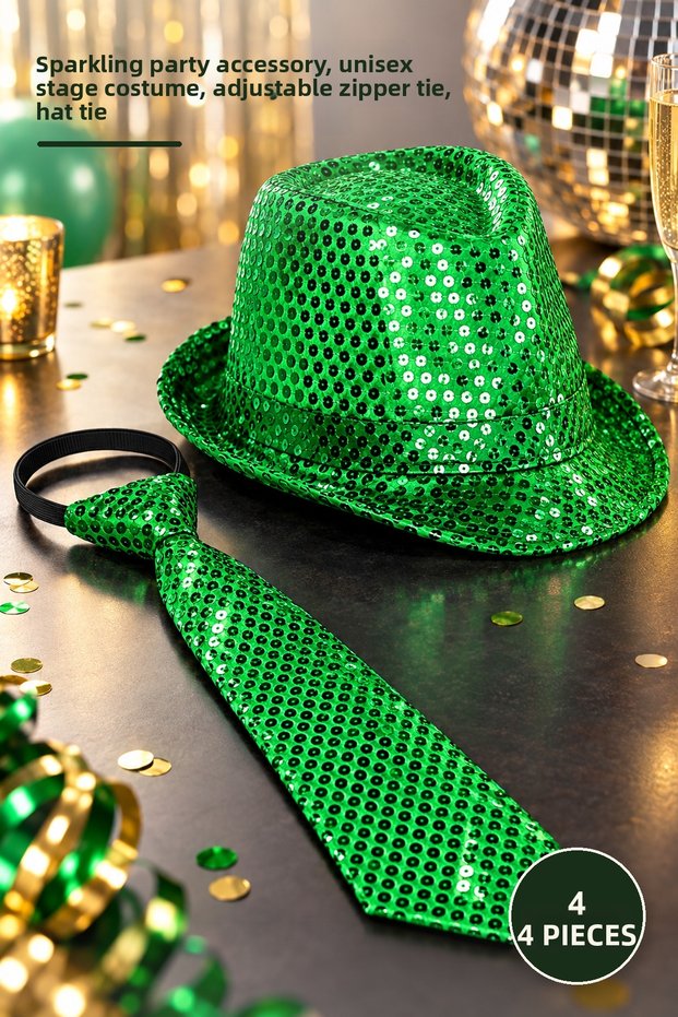 4-Piece Green Sequined Hat and Tie Set – Glittering Party Accessory, Unisex Stage Costume, Adjustable Zip Tie, Hat Tie