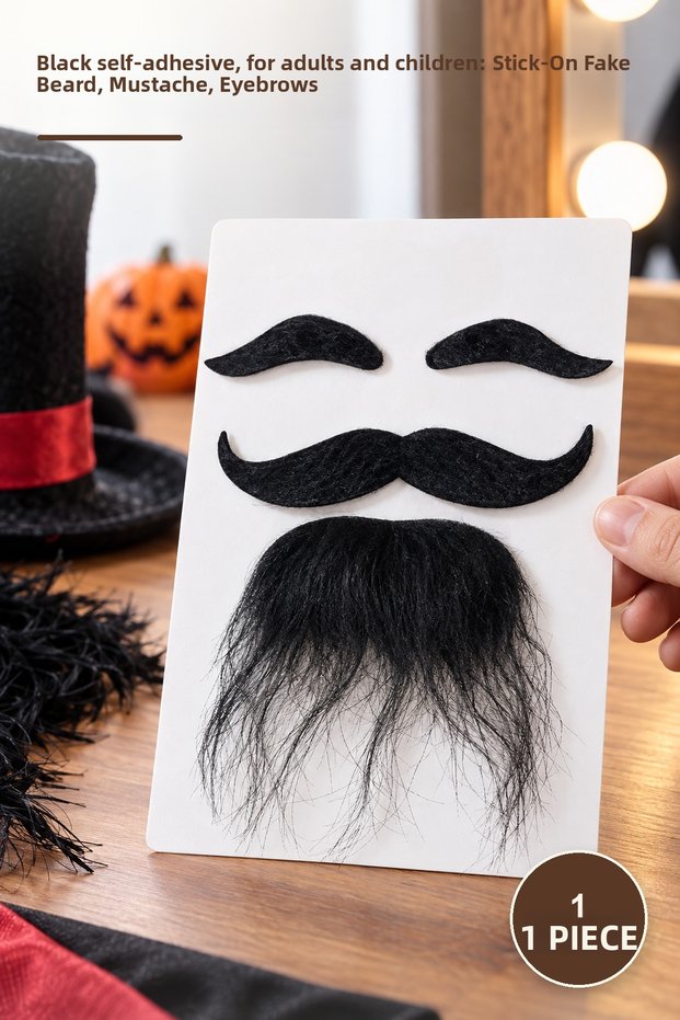 1 Piece Fake Beard Mustache Eyebrow Set – Black Self-Adhesive, Stick-On Fake Beard Mustache Eyebrows for Adults and Children