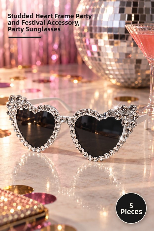 5 Pieces of after Party Heart-Shaped Glasses with Stones – Heart-Shaped Frame with Stones, Party and Festival Accessory, Party Sunglasses