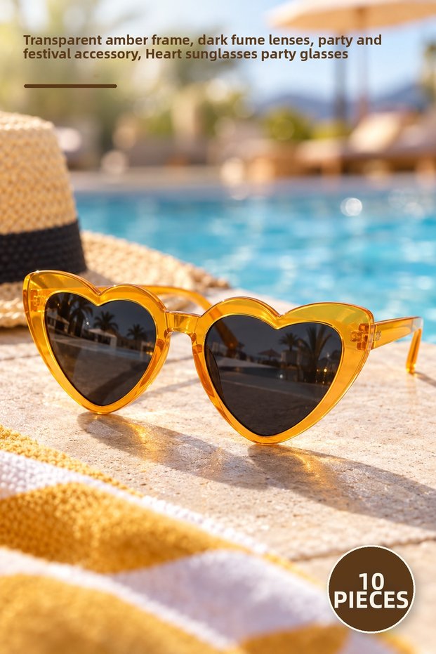 10 Pieces Amber Heart-Shaped Party Glasses – Transparent Amber Frame, Dark Smoked Glass, Party and Festival Accessory, Heart Sunglasses Party Glasses
