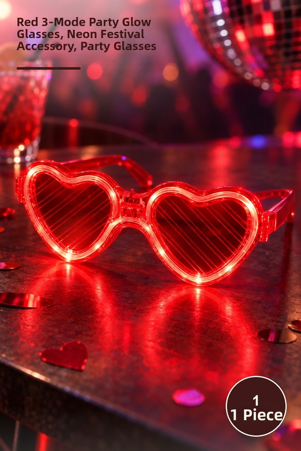 1 Piece Heart Led Glasses – Red 3-Mode Party Glow Glasses, Neon Festival Accessory, Party Glasses
