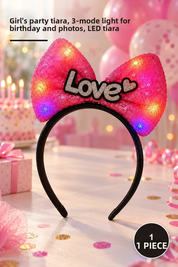 1 Piece Led Lighted Fuchsia Bow Crown with Love Lettering – Girls' Party Crown, 3 Light Modes for Birthday and Photography, Led Tiara